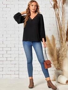 SHEIN Áo sơ mi nữ Tương phản ren màu trơn Giải trí - màu đen - Xem 3