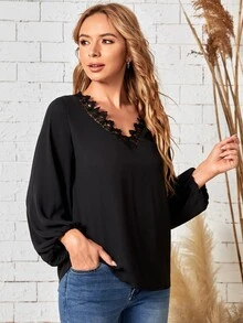 SHEIN Áo sơ mi nữ Tương phản ren màu trơn Giải trí - màu đen - Xem 4