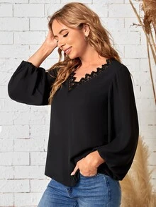 SHEIN Áo sơ mi nữ Tương phản ren màu trơn Giải trí - màu đen - Xem 5