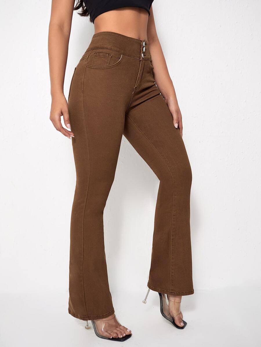 Jeans bootcut con botón - Marrón - Ver 1