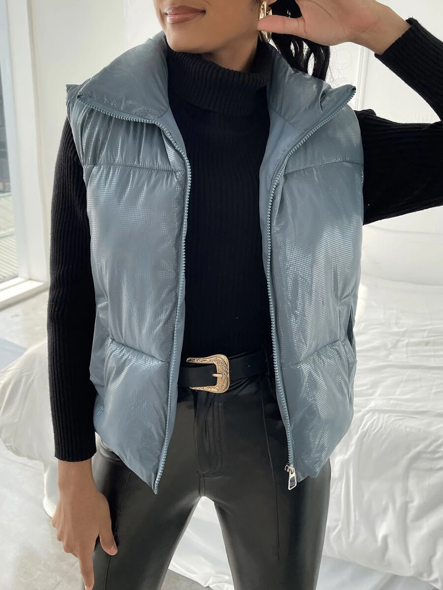 SHEIN Unity Sleeveless Zip Up Padded Padded Coat Clothes Winter - Dusty Blue - View 1