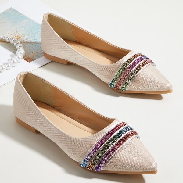 

Chain Decor Knit Detail Flats, Apricot