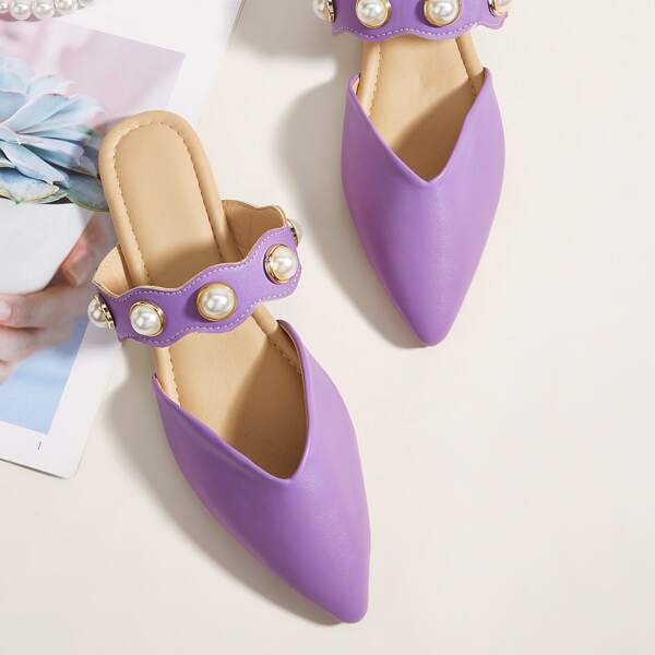 

Faux Pearl Decor Point Toe Mules, Purple