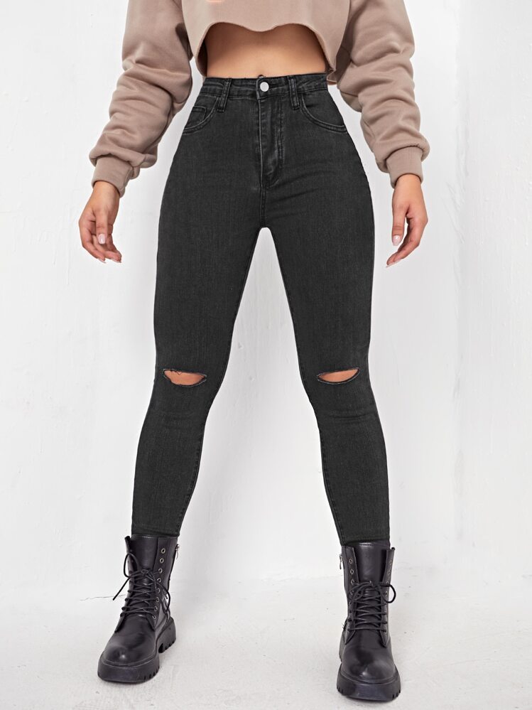 SHEIN EZwear Quần jean nữ Nút Túi Bị tách màu trơn - màu đen - Xem 1