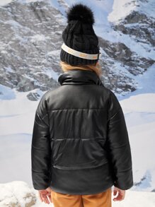 SHEIN Tween Girl Snap Button Up Drop Shoulder PU Leather Padded Coat - Black - View 2