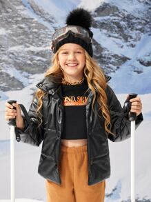 SHEIN Tween Girl Snap Button Up Drop Shoulder PU Leather Padded Coat - Black - View 5