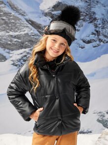 SHEIN Tween Girl Snap Button Up Drop Shoulder PU Leather Padded Coat - Black - View 3