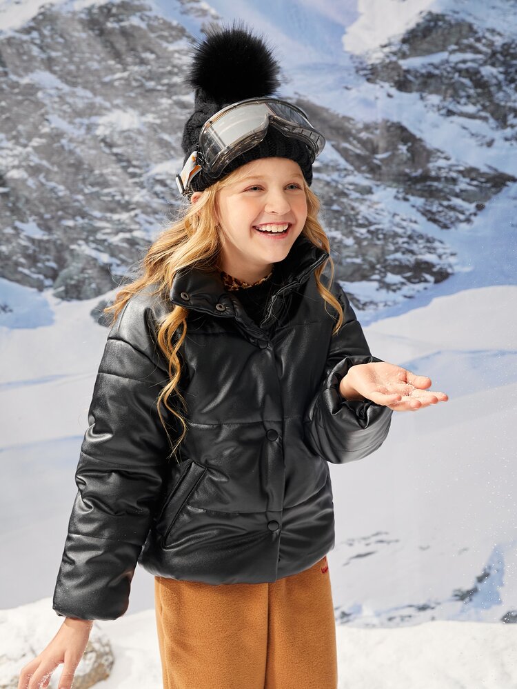 SHEIN Tween Girl Snap Button Up Drop Shoulder PU Leather Padded Coat - Black - View 8