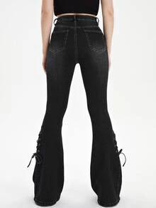 Quần jean nữ Nút Thắt nút Ren lên Túi Dây kéo Thùa khuyết màu trơn - màu đen - Xem 2