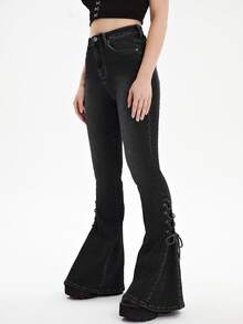 Quần jean nữ Nút Thắt nút Ren lên Túi Dây kéo Thùa khuyết màu trơn - màu đen - Xem 3