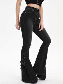 Quần jean nữ Nút Thắt nút Ren lên Túi Dây kéo Thùa khuyết màu trơn - màu đen - Xem 4