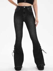 Quần jean nữ Nút Thắt nút Ren lên Túi Dây kéo Thùa khuyết màu trơn - màu đen - Xem 5