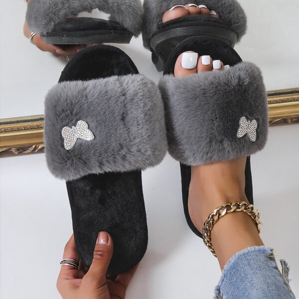 

Butterfly Decor Fluffy Bedroom Slippers, Grey