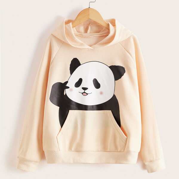 

Girls Cartoon Print Raglan Sleeve Pocket Front Hoodie, Apricot