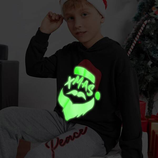 

Boys Christmas Reflective Print Drop Shoulder Hoodie, Black
