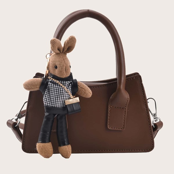 

Minimalist Satchel Bag With Cartoon Bag Charm, Coffee brown