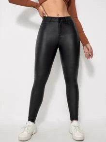 Mian Twins X SHEIN Women's Fashionable Casual Solid Color Skinny Pants Fall Cloth For Women - Black - View 5