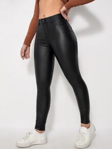 Mian Twins X SHEIN Women's Fashionable Casual Solid Color Skinny Pants Fall Cloth For Women - Black - View 4