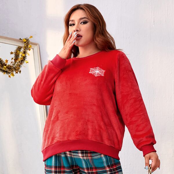 

Plus Christmas Snowflake Embroidery Sweatshirt & Tartan Print Pants, Multicolor