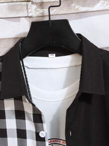 Manfinity Hombres 1 pieza Camisa con estampado de guingán con botón delantero - Blanco y Negro - Ver 7