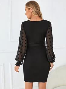 SHEIN Maternity Swiss Dot Flounce Sleeve Belted Dress - Black - View 2