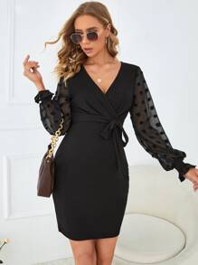 SHEIN Maternity Swiss Dot Flounce Sleeve Belted Dress - Black - View 3