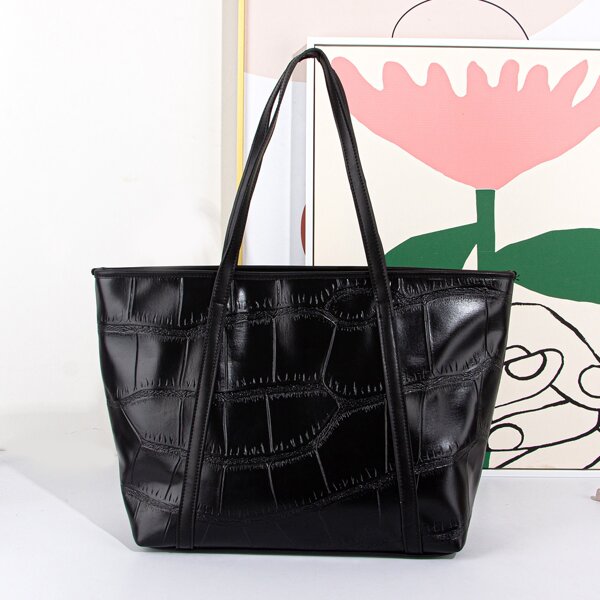 

Crocodile Embossed Shoulder Tote Bag, Black