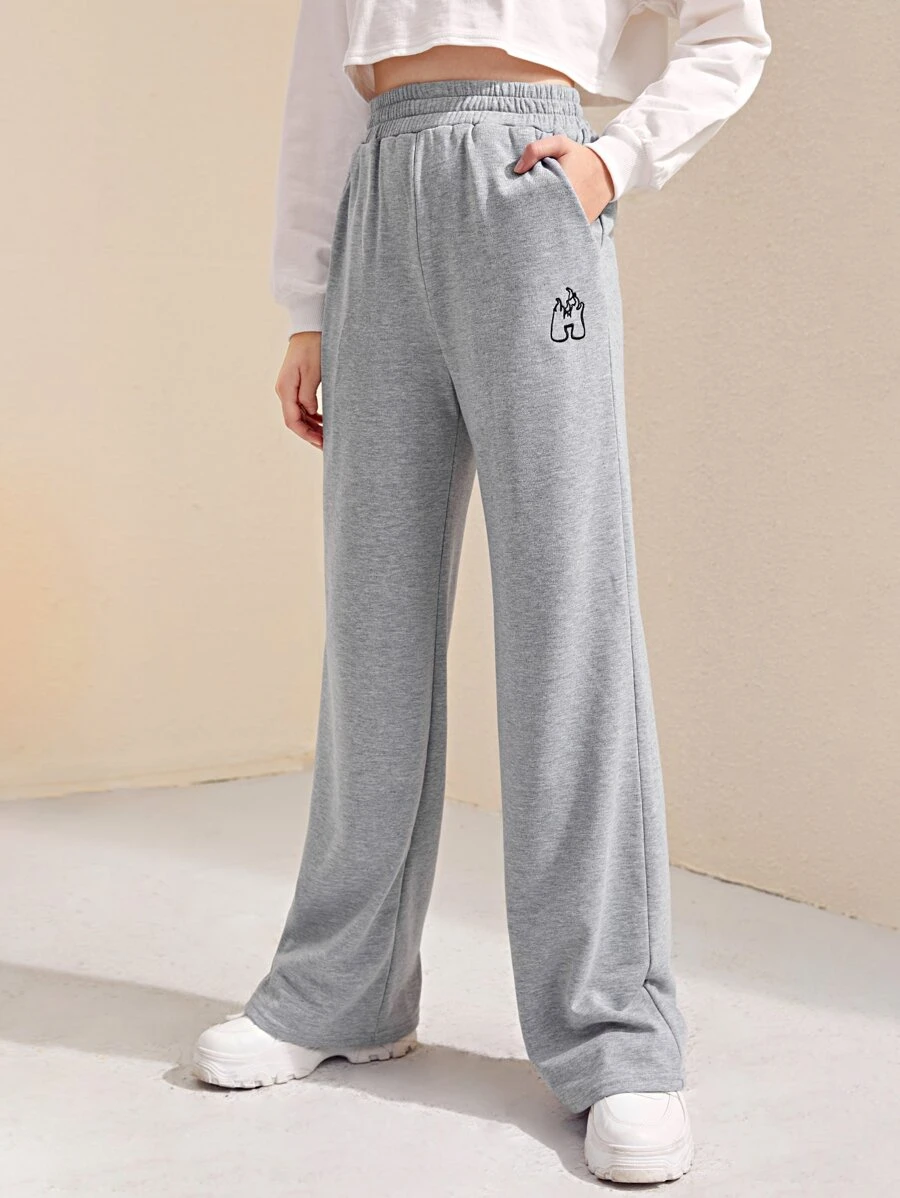 SHEIN Teen Girls Slant Pocket Embroidery Joggers - Light Grey - View 1