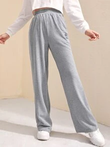 SHEIN Teen Girls Slant Pocket Embroidery Joggers - Light Grey - View 4