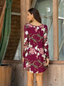 DEARCASE Floral Print High Low Hem Tee Dress Without Scarf - Multicolor - View 2