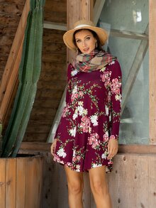 DEARCASE Floral Print High Low Hem Tee Dress Without Scarf - Multicolor - View 5