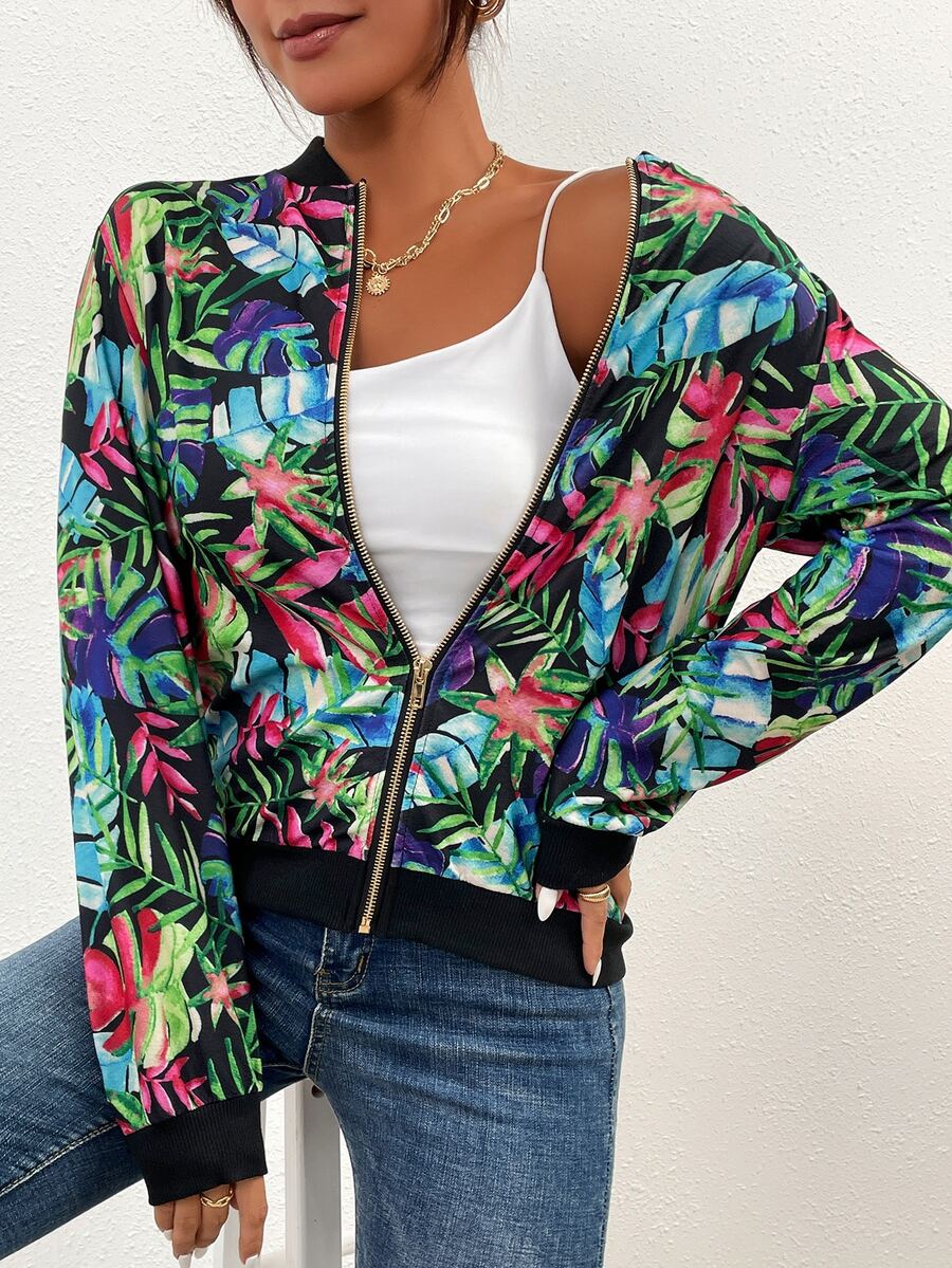 Cazadora tipo bomber con estampado de plantas con cremallera - Multicolor - Ver 1