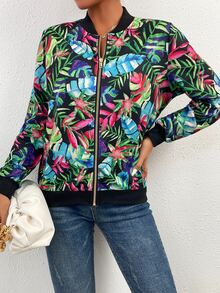 Cazadora tipo bomber con estampado de plantas con cremallera - Multicolor - Ver 3