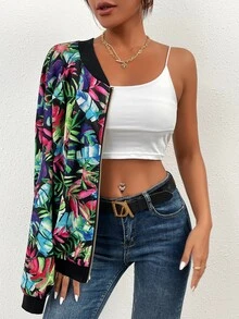 Cazadora tipo bomber con estampado de plantas con cremallera - Multicolor - Ver 4