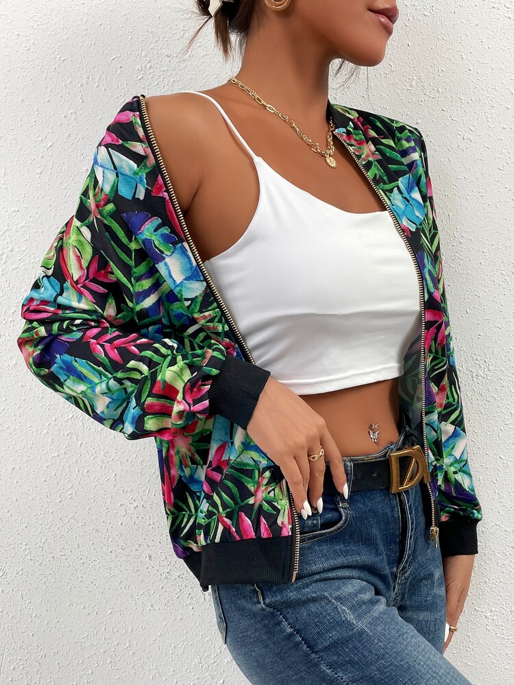 Plants Print Zip Up Bomber Jacket - Multicolor - View 5