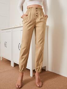 紙袋腰單排釦斜插口袋長褲 - 杏色 - 查看 1