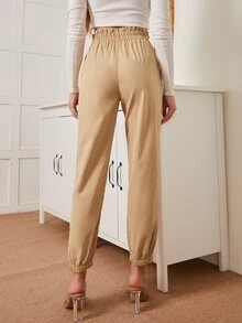 紙袋腰單排釦斜插口袋長褲 - 杏色 - 查看 2