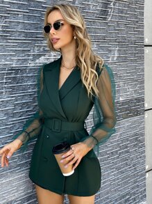 SHEIN Clasi 拼接網紗荷葉袖雙排釦腰帶西裝洋裝 - 墨綠色 - 查看 3