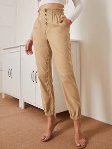 紙袋腰單排釦斜插口袋長褲 - 杏色 - 查看 3