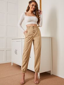 紙袋腰單排釦斜插口袋長褲 - 杏色 - 查看 4