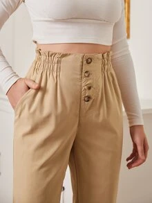 紙袋腰單排釦斜插口袋長褲 - 杏色 - 查看 7