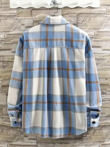 Manfinity Homme Men Plaid Pocket Patched Single Breasted Overcoat - Blue - View 2