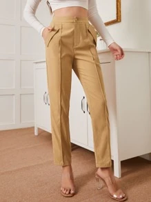 High Waist Slant Pockets Seam Detail Trousers - Khaki - View 1