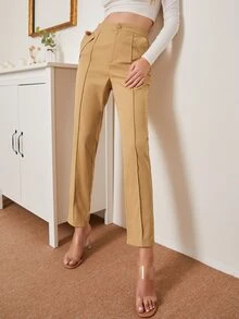 High Waist Slant Pockets Seam Detail Trousers - Khaki - View 6