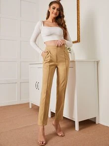 High Waist Slant Pockets Seam Detail Trousers - Khaki - View 7