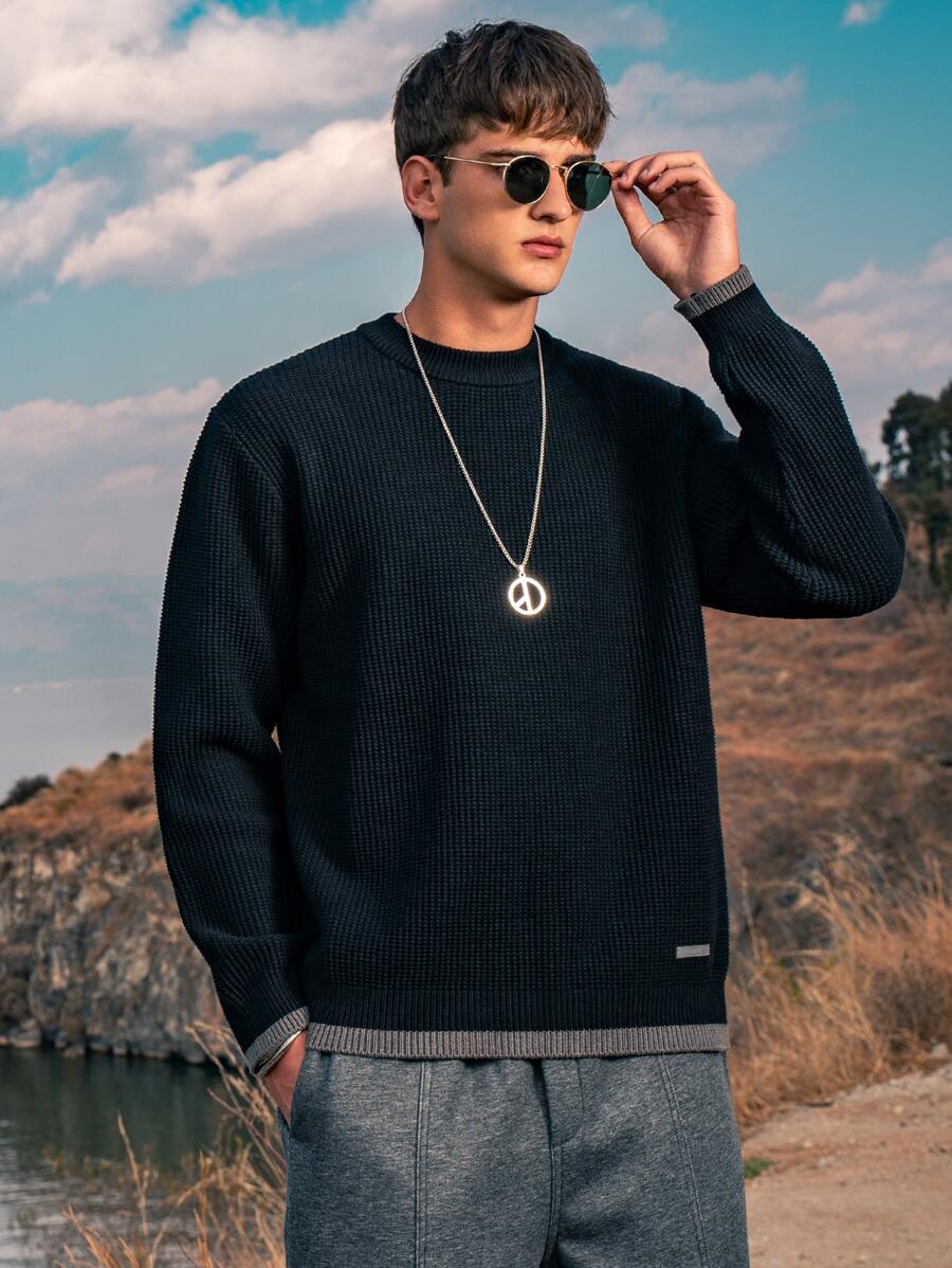 Hombres Jersey ribete en contraste de cuello redondo - Negro - Ver 1