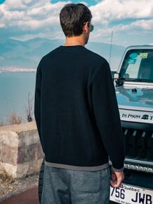 Hombres Jersey ribete en contraste de cuello redondo - Negro - Ver 2