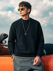 Hombres Jersey ribete en contraste de cuello redondo - Negro - Ver 3