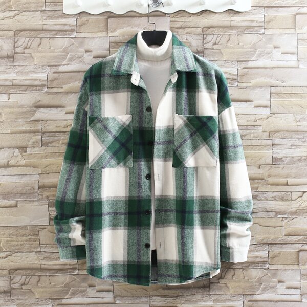 

Men Plaid Pocket Patched Single Breasted Overcoat, Multicolor
