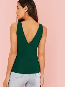 SHEIN Essnce 女性v領純色簡約背心,適用於夏季 - 墨綠色 - 查看 2